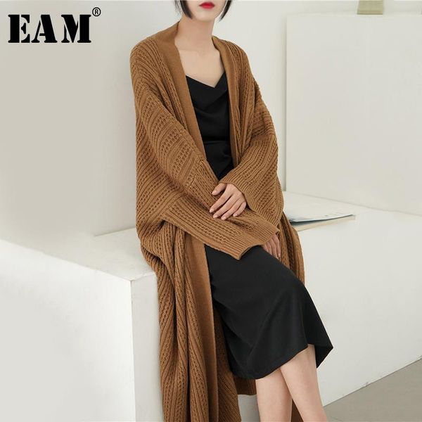 

eam] camel big size knitting cardigan sweater loose fit v-neck long sleeve women new fashion tide autumn winter 2021 1y199, White