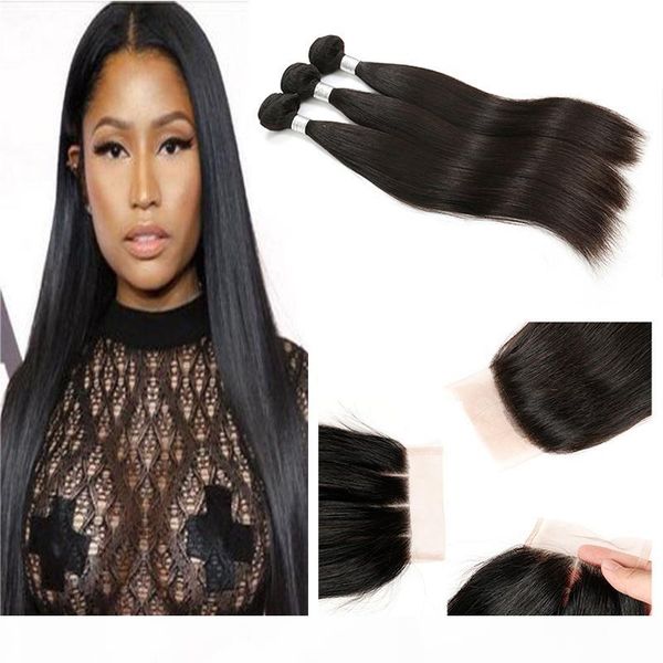 

9a brazilian virgin hair 3 bundles with 4x4 lace closure 100% human hair weave bundles with closure extensions natural black color