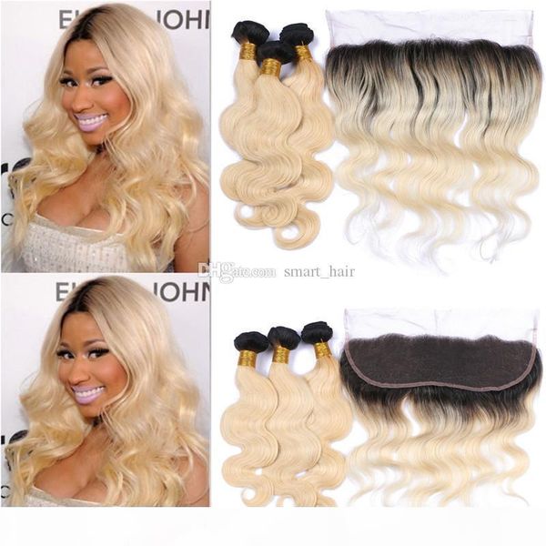 

blonde 1b 613 human hair wavy bundles with frontal 13x4 body wave ear to ear frontal with ombre hair weaves, Black;brown