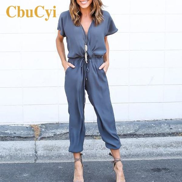 

cbucyi casual solid boho jumpsuit romper deep v neck short sleeve jumpsuit loose chiffon lace up summer jumpsuit women overalls y200904, Black;white