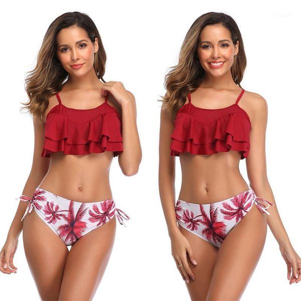 

women two piece bikini set flounce ruffled crop side tie drawstring bottoms swimsuit tropical leaves print bathing suit1, White;black