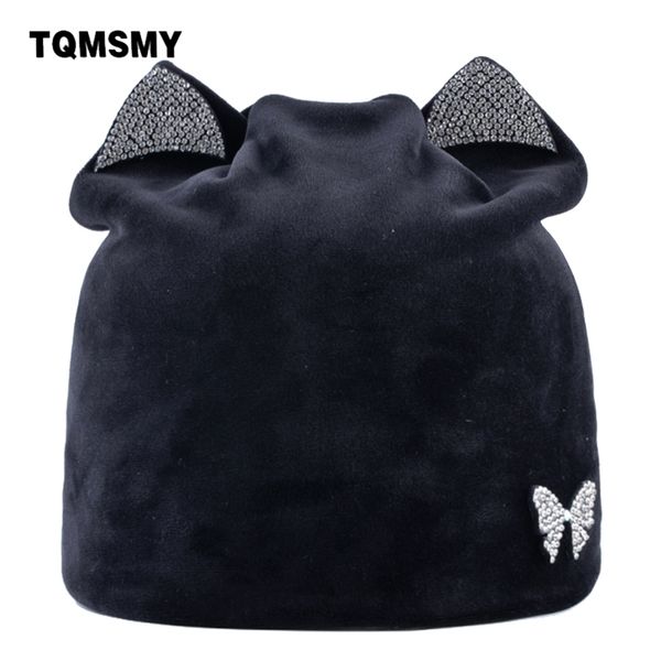 

tqmsmy rhinestone autumn winter knitted beanies skullies for women outdoor slouchy bonnet casual cat ear velvet hat caps tmdh25 y201024, Blue;gray