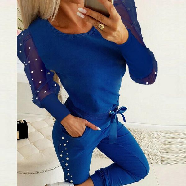 

women tracksuit autumn cold shouder high waist bandage pants 2pcs set lady winter beads long sleeve suits dropshipping, Gray
