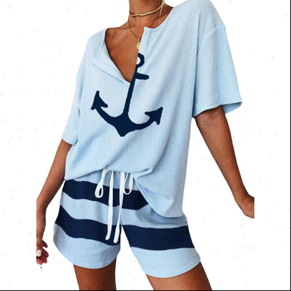 

loose casual anchor print women sailor suit short sleeve tshirt and striped short pants two piece set summer 2021 new tracksuit, Gray
