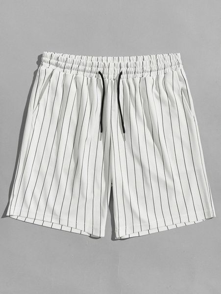 

romwe guys striped drawstring shorts 7'' c1ed#, Black