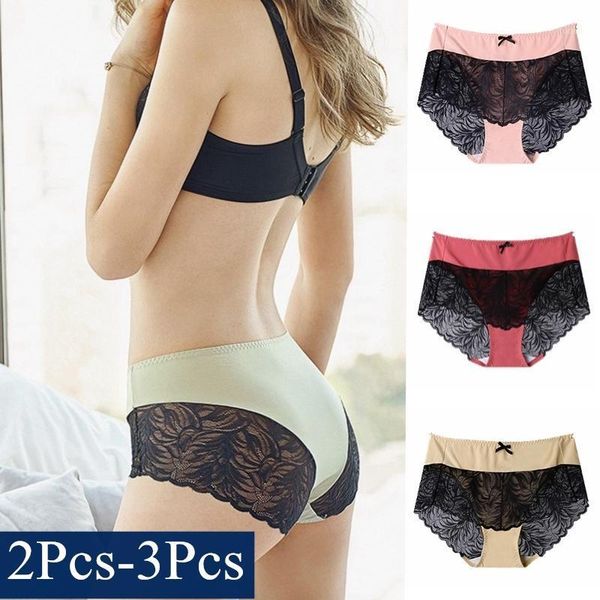 

3pcs/2pcs] women underwear lace panties plus size mid waist briefs thin comfortable soft large size modal underpanties1, Black;pink