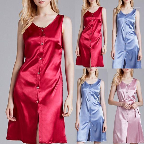 

nightgown women sleeveless satin buttons nightwear sleepwear female silk ladies lounge night dress home sleepshirt nighty*1, Black;red