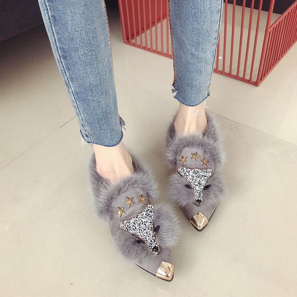 

winter designer women faux fur shape flats brand female lovely warm stars rhinestone shoes brand soft metal decoration shoes, Black