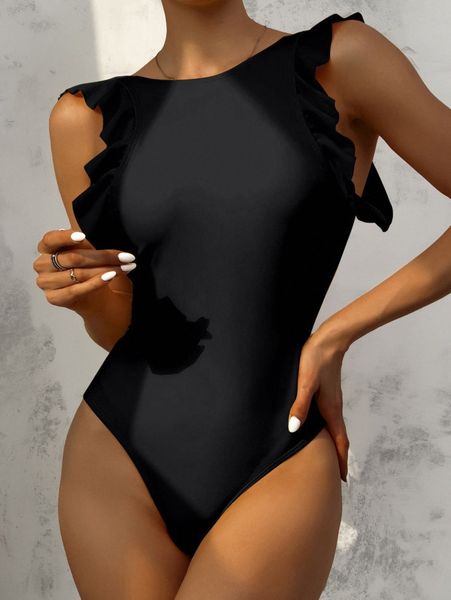

ruffle trim one piece swimsuit 440t#, White;black