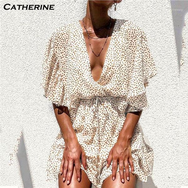 

casual dresses 2021 summer dress women short sleeve dot print beach v neck party mini elegant loose robe#j31, Black;gray