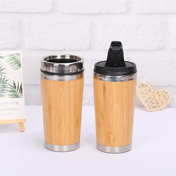 

2 styles 450ml bamboo tumbler stainless steel inner water bottle double wall vacuum insulated car travel mug coffee cup a05