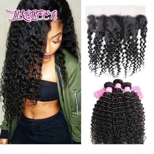 

human hair extensions weft malaysian deep wave curly 3 bundles with 13 x 4 lace frontal hair weaves hair bundles with frontal 4 pieces lot, Black;brown