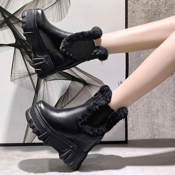 

boots women leather ankle winter high platform sneakers comfortable thick sole motorcycle woman hook loop punk, Black