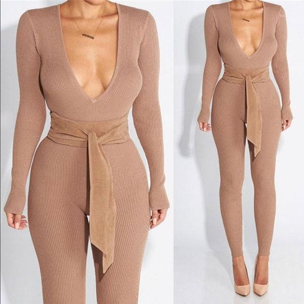 

wholesale- rompers women jumpsuit 2017 long sleeve v-neck playsuit slim knitted bodycon bandage jumpsuit khaki full coveralls fallbodysuit1, Black;white