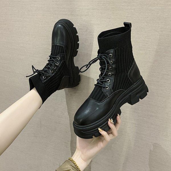 

moxxy 2020 women combat ankle boots casual long sock boots lace up platform autumn gothic knee high women shoes, Black
