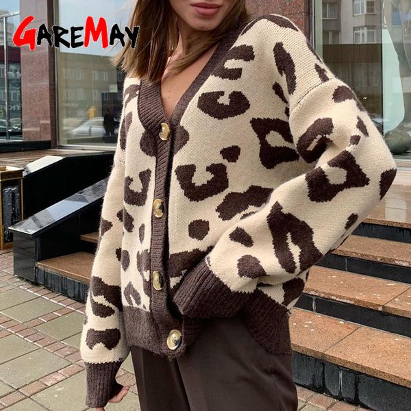 

autumn winter leopard print cardigan women knitted sweater v-neck female 2022 loose button coat warm cardigan for women outwear, White;black