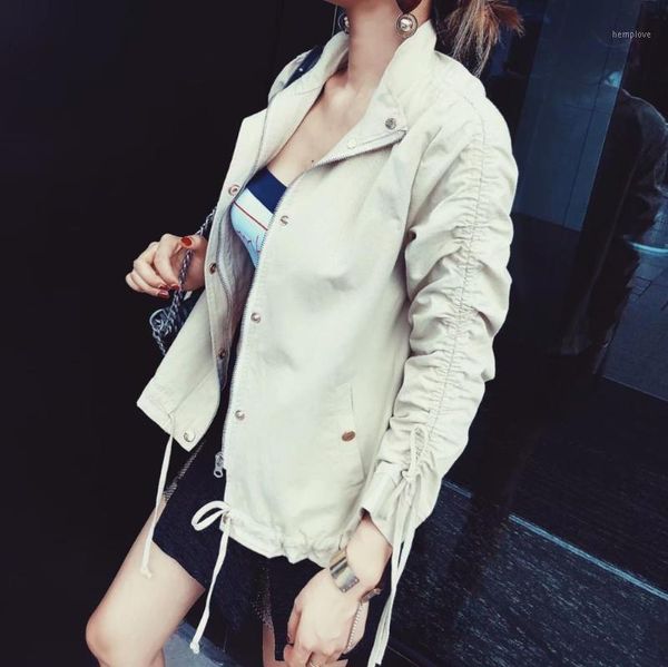 

wowen's drawstring jacket turn-down collar long sleeve zip shirring female thin coat with pocket1, Black;brown