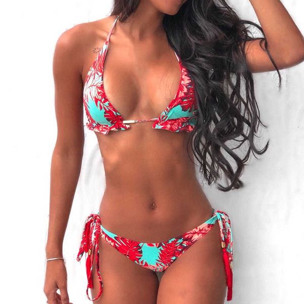 

high waist two piece summer new women's bikini print split swimsuit braided rope swimwear, White;black