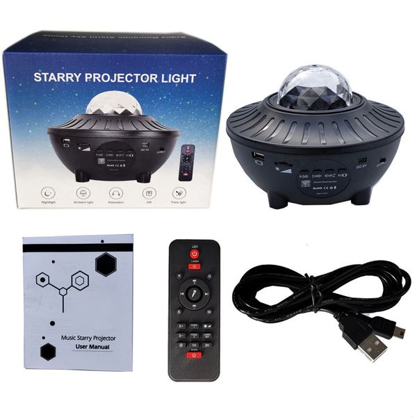 USB Yıldız Gece Işık Müzik Yıldızlı Su Dalga LED Işıklar Uzak Bluetooth Renkli Dönen Projektör Sesle Etkilenmiş Dekor Lambası 3J
