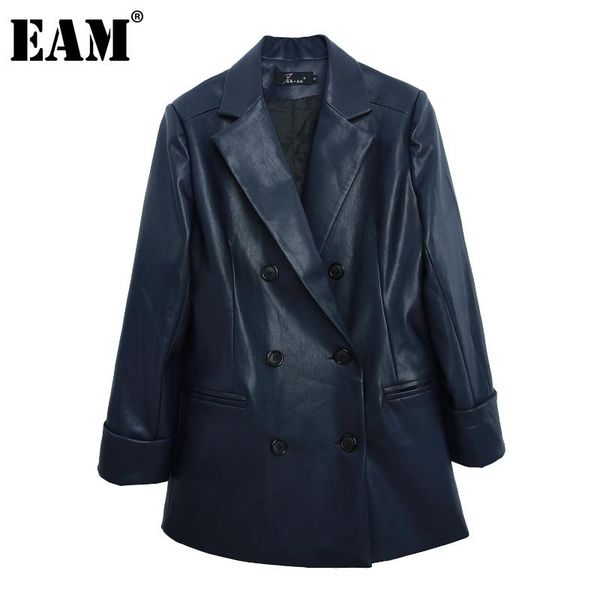 

[eam] women navy blue pu leather temperament blazer new lapel long sleeve loose fit jacket fashion spring autumn 2020 1da450, White;black