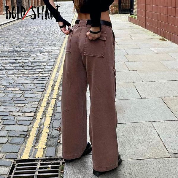 

bold shade indie aesthetic grunge denim brown jeans streetwear 90s vintage pockets women straight pants skater style trousers, Blue