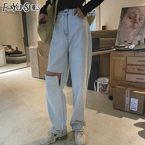 

women's jeans foryunshes women high waist loose ripped female plus size 2021 fashion casual straight washed boyfriend pants mom, Blue
