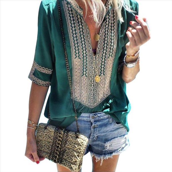 

ethnic women casual v neck embroidery plus size half sleeve blouse new drop shipping, White