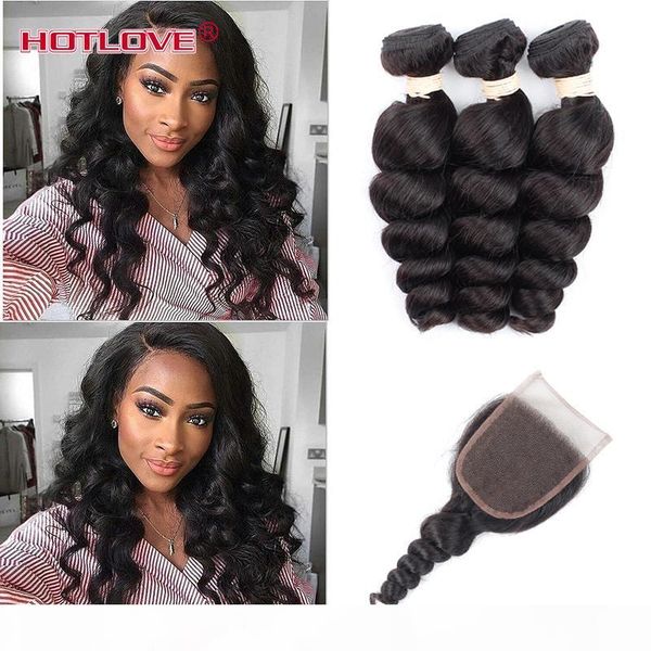 

malaysian virgin hair loose wave malaysia human hair weave 3 bundles with closure 4*4 parting malaysian loose curly hair, Black;brown