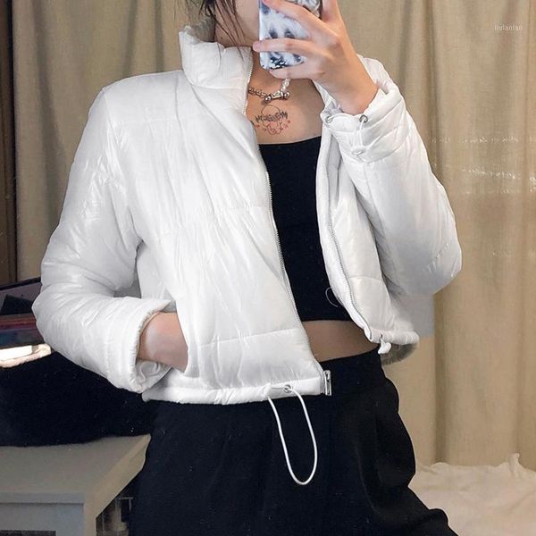 

korean style 2021 autumn winter jackets women stand collar solid black white female down coat loose womens short parka coat, Black;brown