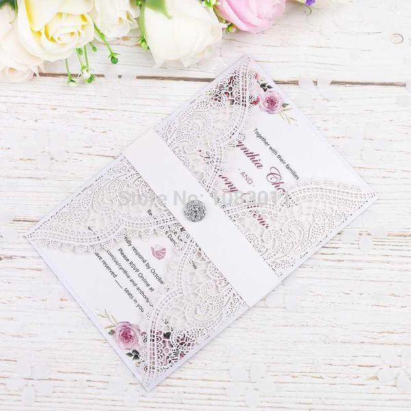 

ponatia new 20 pcs laser cut invitations card with rhinestone belt (white)1