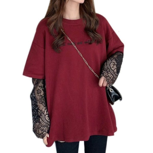 

2020 summer new women's t-shirt mesh yarn stitching lace temperament long-sleeved tshirt letter print street fashion top, White