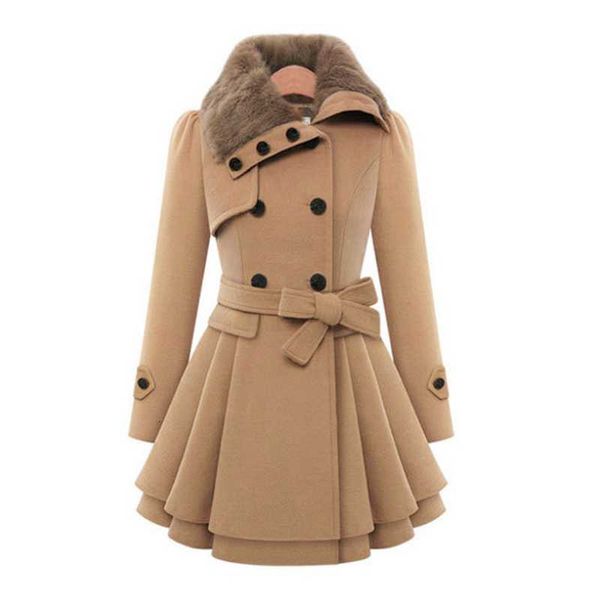 

autumn and winter women's woolen long sleeve solid color fashion fur collar bow belt slim double-breasted mid-length coat, Black