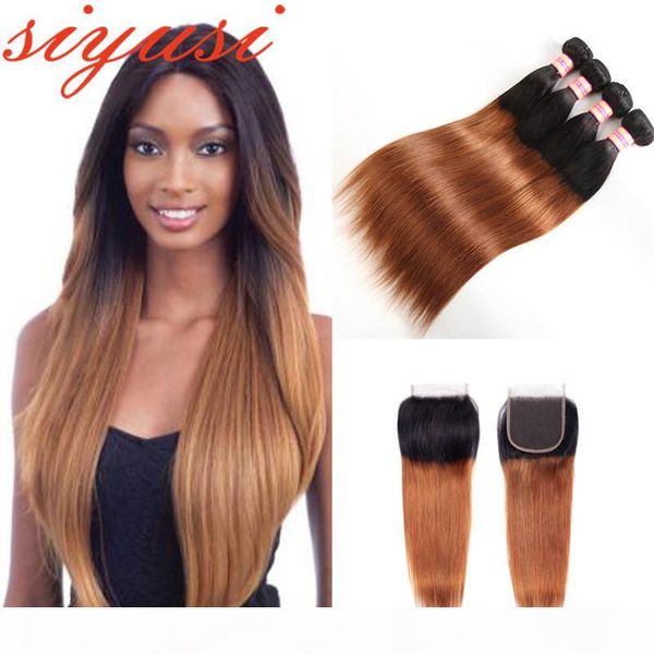 

3 bundles ombre brazilian straight human hair bundles with closure 1b 27 honey blonde weave bundles with 4x4 part remy lace closure, Black;brown