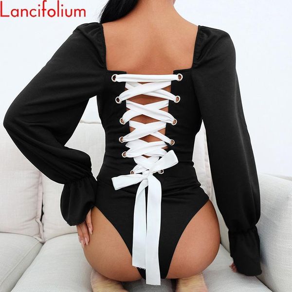 

long puff sleeve bodysuit women autumn fall winter backless square neck lace up bandage thong bodysuit romper jumpsuit 20201, Black;white