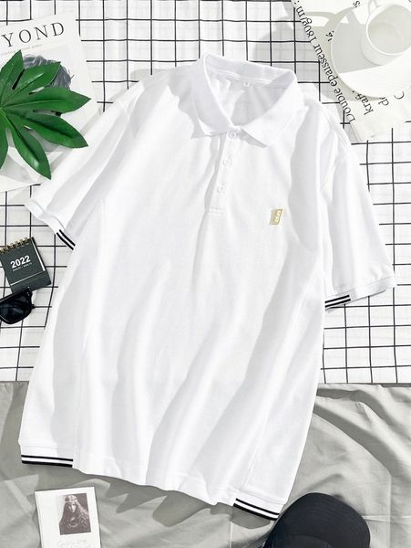 

men striped panel letter patch polo shirt 00wi#, White;black