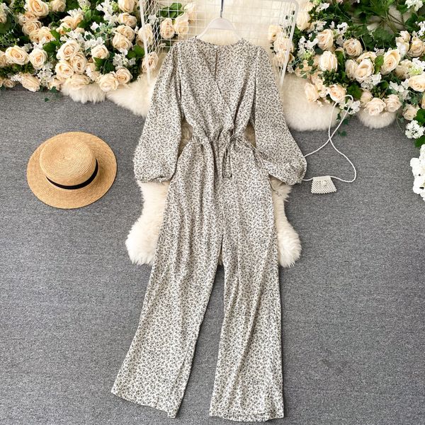 

2021 new female boho floral retro neck puff elastic waistband fall impression long overalls 3dmy, Black;white
