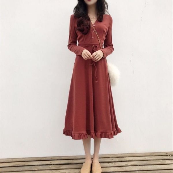 

xszqj chic spring dress new women's korean version long slim v-neck love of formal dresssleeve waist bandage first slim dress 3ofnc, Black;gray