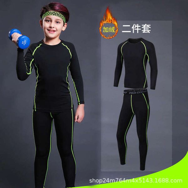 

tights children's sports new football plush basketball quick drying bottoming clothes women's fitness wear 2-piece men's suit, Gray