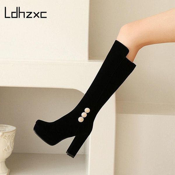 

ldhzxc brand women boots sqaure high heel knee high boots suede leather round toe autumn winter long black