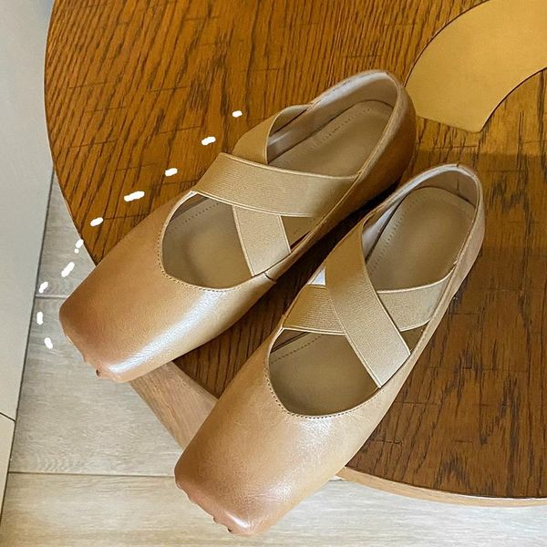 

women's genuine leather gradient color square toe lip-on flats single shoes retro student style casual daily shoes, Black