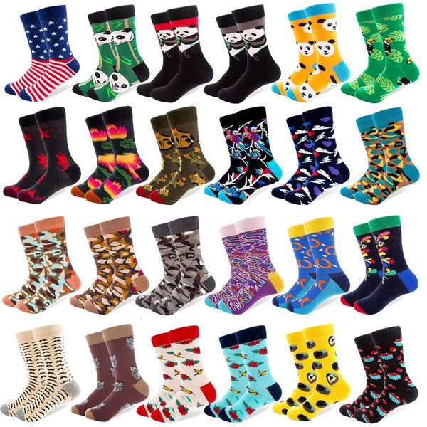 

5pair/lot colorful combed cotton socks panda camouflage long tube happy men socks novelty skateboard crew casual crazy socks, Black;white