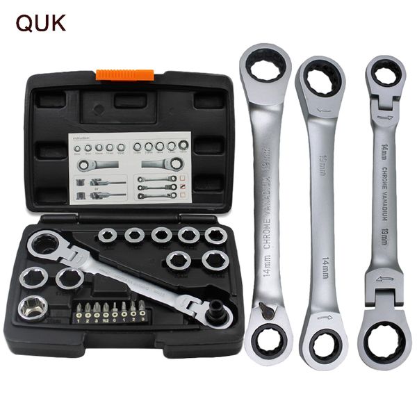 

quk wrench set 28 pcs double-ends spanner kits screw nuts key removable sockets slotted hex torx screwdriver bits hand tools