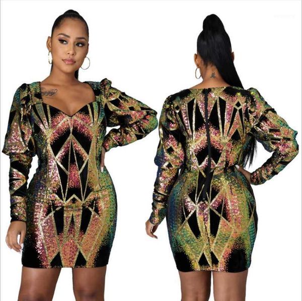 

2021 spring women multicolor sparkling sequins mini dresses lady's nightclub square collar lantern sleeve bodycon dress1, Black;gray