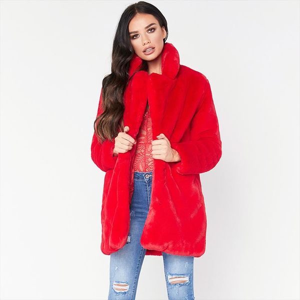 

fhillinuo long womens faux fur coat casual solid loose soft rabbit fur outwear for female 7 color to choose, Black
