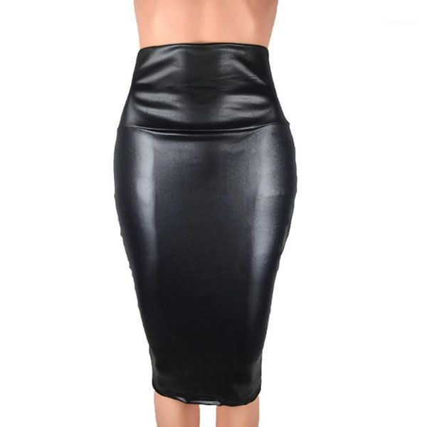 

skirts women autumn winter faux leather skirt high waist package hip knee length split office ladies slim plus size1, Black