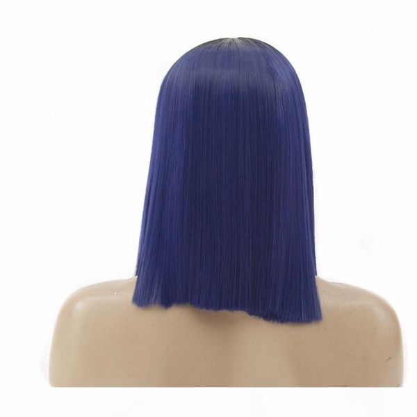 

синтетический парик фронта шнурка glueless короткий боб ombre dark blue straight жаропрочных волокна волос пробор для женщин, Black