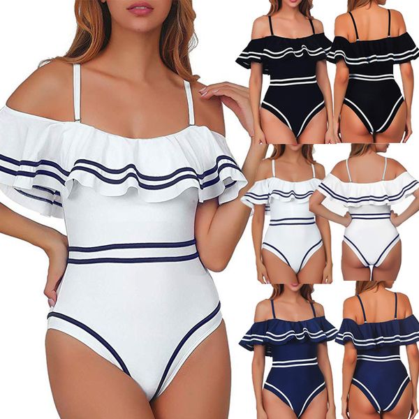 

women summer body suit swimming wave spaghetti strap padded swimsuit swimwear bikini push up bra beach clothes t200708, White;black