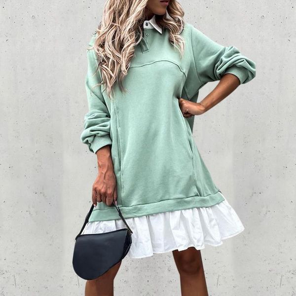 

casual dresses autumn women patchwork ruffle mini dress vintage turn-down collar button loose 2021 elegant long sleeve party, Black;gray