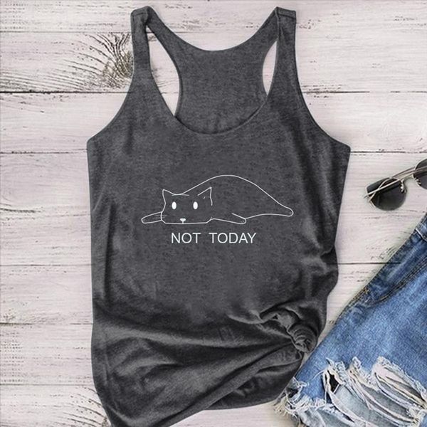 

not today sleeping cat printed tanks sleeveless women summer cute vest female loose round neck woman verano mujer, White