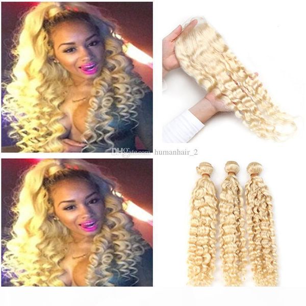 

613 human hair weaves with lace closure peruvian virgin hair wavy deep wave with blonde lace closure 4x4 part, Black;brown